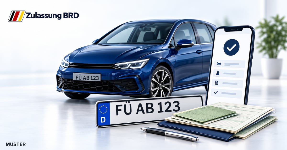 Online Fahrzeugzulassung in Cadolzburg: Musterkennzeichen FÜ AB 123, Auto und Fahrzeugpapiere und Smartphone. Illustration mit Logo von Zulassung BRD.